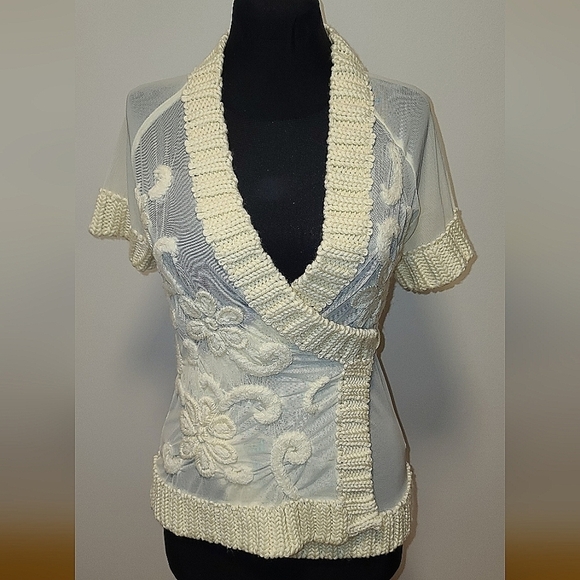 Silvian heach Sheer mesh floral knit embroidery wrap top L - Picture 1 of 14
